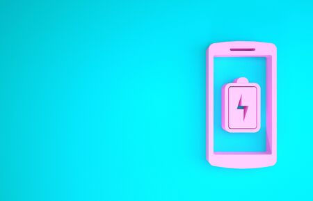 Pink Smartphone battery charge icon isolated on blue background. Phone with a low battery charge. Minimalism concept. 3d illustration 3D renderの写真素材