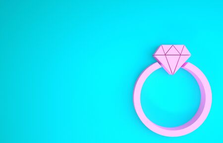 Pink Diamond engagement ring icon isolated on blue background. Minimalism concept. 3d illustration 3D renderの写真素材