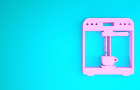 Pink Coffee machine and coffee cup icon isolated on blue background. Minimalism concept. 3d illustration 3D renderの写真素材