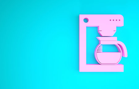 Pink Coffee machine with glass pot icon isolated on blue background. Minimalism concept. 3d...