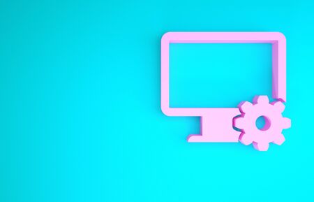 Pink Computer monitor and gear icon isolated on blue background. Adjusting, service, setting, maintenance, repair, fixing. Minimalism concept. 3d illustration 3D renderの写真素材