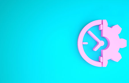 Pink Clock and gear icon isolated on blue background. Time Management symbol. Business concept....