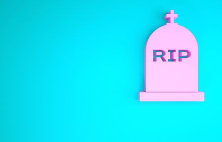 Pink Tombstone with RIP written on it icon isolated on blue background. Grave icon. Minimalism concept. 3d illustration 3D renderの写真素材