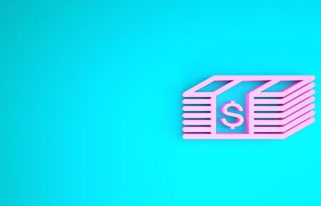 Pink Paper money american dollars cash icon isolated on blue background. Money banknotes stack with dollar icon. Bill currency. Minimalism concept. 3d illustration 3D renderの写真素材