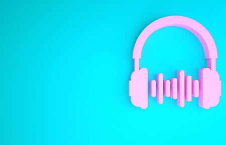 Pink Headphone and sound waves icon isolated on blue background. Concept object for listening to music, service, communication and operator. Minimalism concept. 3d illustration 3D renderの写真素材
