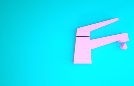 Pink Water tap with a falling water drop icon isolated on blue background. Minimalism concept. 3d illustration 3D renderの写真素材
