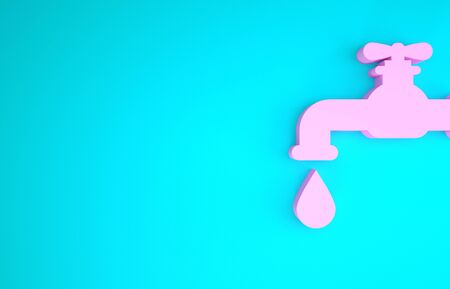 Pink Water tap with a falling water drop icon isolated on blue background. Minimalism concept. 3d illustration 3D renderの写真素材
