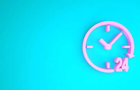 Pink Clock 24 hours icon isolated on blue background. All day cyclic icon. 24 hours service symbol. Minimalism concept. 3d illustration 3D renderの写真素材