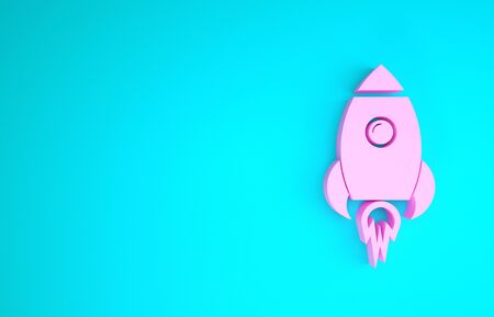 Pink Rocket ship with fire icon isolated on blue background. Space travel. Minimalism concept. 3d illustration 3D renderの写真素材