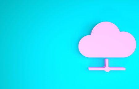 Pink Network cloud connection icon isolated on blue background. Social technology. Cloud computing...