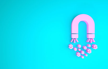 Pink Magnet with money icon isolated on blue background. Concept of attracting investments, money....