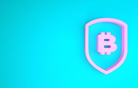 Pink Shield with bitcoin icon isolated on blue background. Cryptocurrency mining, blockchain technology, security, protect, digital money. Minimalism concept. 3d illustration 3D renderの写真素材
