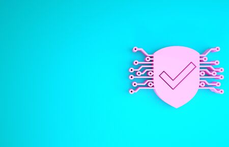 Pink Cyber security icon isolated on blue background. Shield with check mark sign. Safety concept. Digital data protection. Minimalism concept. 3d illustration 3D renderの写真素材