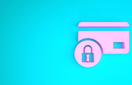 Pink Credit card with lock icon isolated on blue background. Locked bank card. Security, safety, protection concept. Concept of a safe payment. Minimalism concept. 3d illustration 3D renderの写真素材