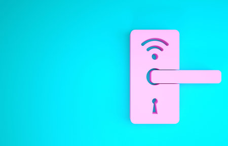 Pink Digital door lock with wireless technology for unlock icon isolated on blue background. Door...