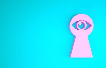 Pink Keyhole with eye icon isolated on blue background. The eye looks into the keyhole. Keyhole eye hole. Minimalism concept. 3d illustration 3D renderの写真素材