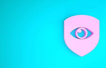 Pink Shield and eye icon isolated on blue background. Security, safety, protection, privacy concept. Minimalism concept. 3d illustration 3D renderの写真素材