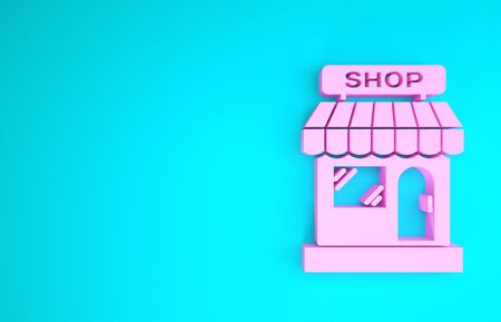 Pink Shopping building or market store icon isolated on blue background. Shop construction. Minimalism concept. 3d illustration 3D renderの写真素材