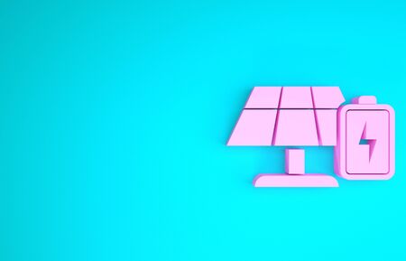 Pink Solar energy panel and battery icon isolated on blue background. Minimalism concept. 3d illustration 3D renderの写真素材