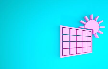 Pink Solar energy panel and sun icon isolated on blue background. Minimalism concept. 3d illustration 3D renderの写真素材