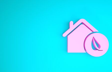 Pink Eco friendly house icon isolated on blue background. Eco house with leaf. Minimalism concept. 3d illustration 3D renderの写真素材