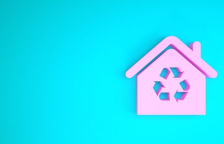 Pink Eco House with recycling symbol icon isolated on blue background. Ecology home with recycle arrows. Minimalism concept. 3d illustration 3D renderの写真素材