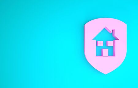 Pink House under protection icon isolated on blue background. Home and shield. Protection, safety, security, protect, defense concept. Minimalism concept. 3d illustration 3D renderの写真素材