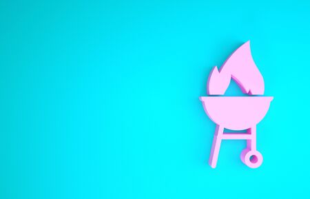 Pink Barbecue grill icon isolated on blue background. BBQ grill party. Minimalism concept. 3d illustration 3D renderの写真素材