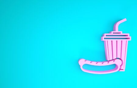 Pink Soda and hotdog icon isolated on blue background. Fast food symbol. Minimalism concept. 3d illustration 3D renderの写真素材
