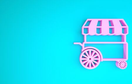 Pink Fast street food cart with awning icon isolated on blue background. Urban kiosk. Minimalism concept. 3d illustration 3D renderの写真素材