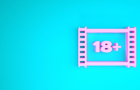 Pink Play Video with inscription 18 plus icon isolated on blue background. Age restriction symbol. 18 plus content sign. Adult channel. Minimalism concept. 3d illustration 3D renderの写真素材