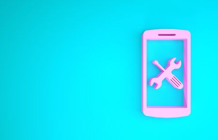 Pink Smartphone with screwdriver and wrench icon isolated on blue background. Adjusting, service, setting, maintenance, repair, fixing. Minimalism concept. 3d illustration 3D renderの写真素材