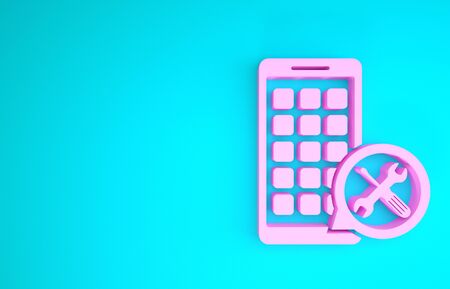 Pink Mobile Apps with screwdriver and wrench icon isolated on blue background. Adjusting, service, setting, maintenance, repair, fixing. Minimalism concept. 3d illustration 3D renderの写真素材