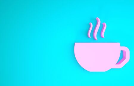Pink Coffee cup flat icon isolated on blue background. Tea cup. Hot drink coffee. Minimalism concept. 3d illustration 3D renderの写真素材