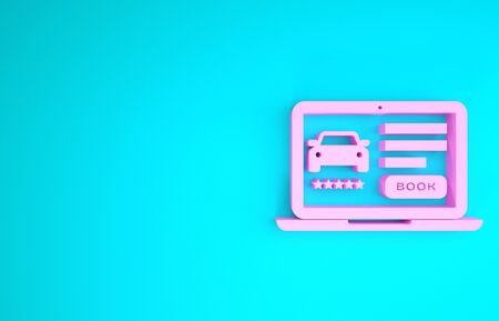Pink Online car sharing icon isolated on blue background. Online rental car service. Online booking design concept for laptop. Minimalism concept. 3d illustration 3D renderの写真素材