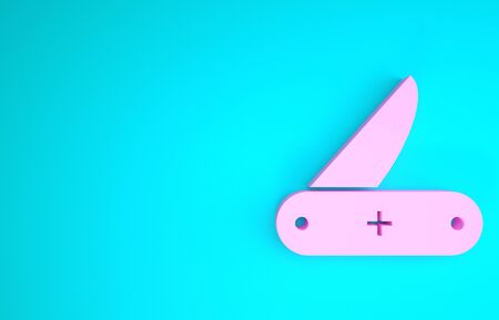 Pink Swiss army knife icon isolated on blue background. Multi-tool, multipurpose penknife. Multifunctional tool. Minimalism concept. 3d illustration 3D renderの写真素材