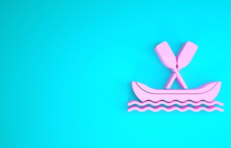 Pink Rafting boat icon isolated on blue background. Kayak with paddles. Water sports, extreme sports, holiday, vacation, team building. Minimalism concept. 3d illustration 3D renderの写真素材