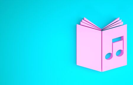 Pink Audio book icon isolated on blue background. Musical note with book. Audio guide sign. Online learning concept. Minimalism concept. 3d illustration 3D renderの写真素材