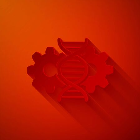 Paper cut Gene editing icon isolated on red background. Genetic engineering. DNA researching, research. Paper art style. Vector Illustrationのイラスト素材