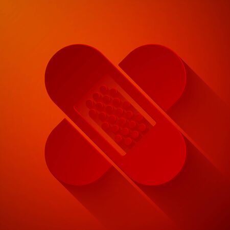 Paper cut Crossed bandage plaster icon isolated on red background. Medical plaster, adhesive bandage, flexible fabric bandage. Paper art style. Vector Illustrationのイラスト素材