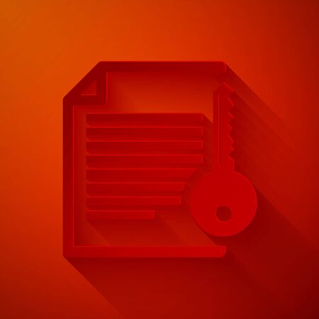 Paper cut Smart contract icon isolated on red background. Blockchain technology, cryptocurrency mining, bitcoin, altcoins, digital money market. Paper art style. Vector Illustrationのイラスト素材