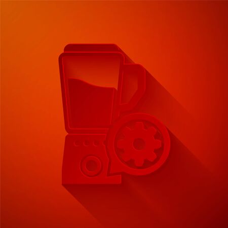 Paper cut Blender with bowl and gear icon isolated on red background. Adjusting app, service concept, setting options, maintenance, repair, fixing. Paper art style. Vector Illustrationのイラスト素材