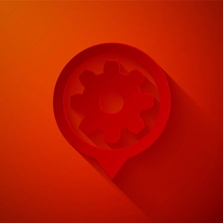 Paper cut Setting icon isolated on red background. Tools, service, cog, gear, cogwheel sign. Paper art style. Vector Illustrationのイラスト素材