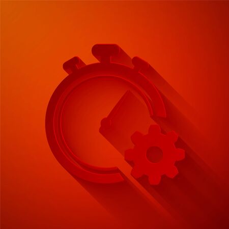 Paper cut Time Management icon isolated on red background. Clock and gear sign. Productivity symbol. Paper art style. Vector Illustrationのイラスト素材
