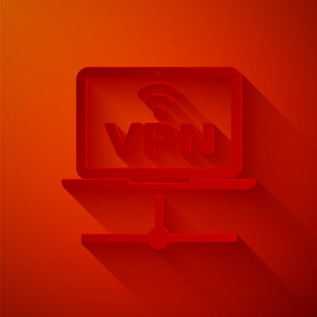 Paper cut VPN Computer network icon isolated on red background. Laptop network. Internet connection. Paper art style. Vector Illustrationのイラスト素材