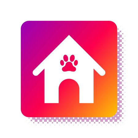 White Dog house and paw print pet icon isolated on white background. Dog kennel. Square color button. Vector Illustrationのイラスト素材