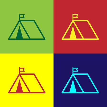 Color Tourist tent with flag icon isolated on color background. Camping symbol. Vector Illustrationのイラスト素材