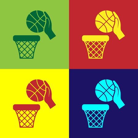 Color Hand with basketball ball and basket icon isolated on color background. Ball in basketball hoop. Vector Illustrationのイラスト素材