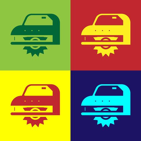 Color Electric circular saw with steel toothed disc icon isolated on color background. Electric hand tool for cutting wood or metal. Vector Illustrationのイラスト素材