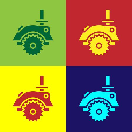 Color Electric circular saw with steel toothed disc icon isolated on color background. Electric hand tool for cutting wood or metal. Vector Illustrationのイラスト素材